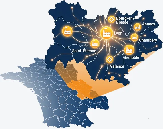 Zones d’intervention de MConsulting en Auvergne-Rhône-Alpes : Lyon, Grenoble, Annecy, Chambéry et Saint-Étienne